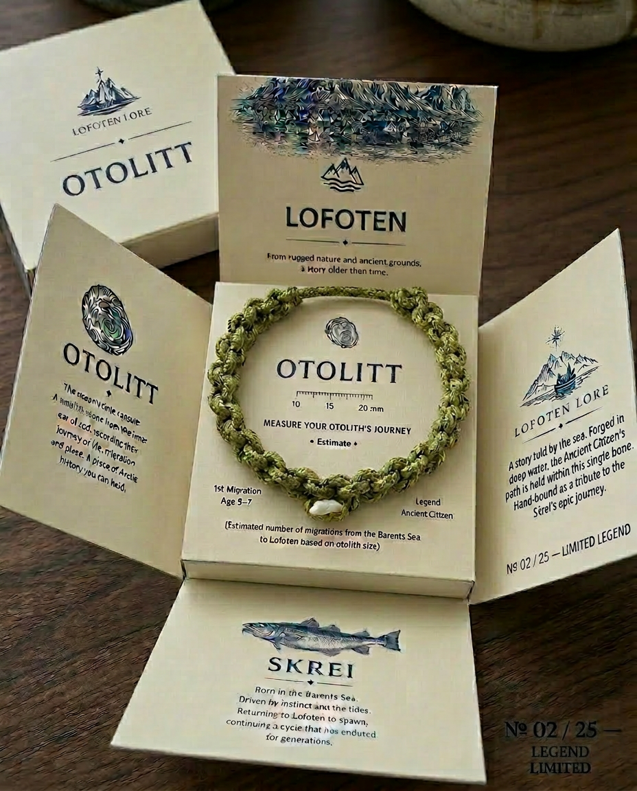 Legenden bracelet — chunky olive paracord with a white cod otolith, presented in the OTOLITT story box on dark slate